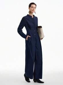 Aalyst Women's Solid Color Long Sleeve Single-Breasted Pocket Wide Leg Casual Jumpsuit Fall Cloth For Women - Navy Blue - View 4