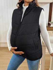 SHEIN 孕妇高领无袖拉链休闲棉服外套，冬季百搭 - 黑色 - 查看 1