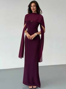 Aloruh 茄子紫色细肩带飘逸高开衩紧身连衣裙，适合派对和正式场合 - 中紫紅色 - 查看 3