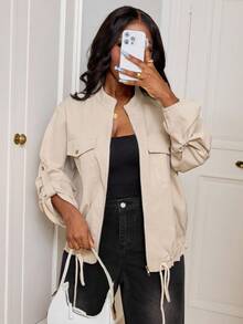 SHEIN PETITE CURVE Plus Size 4-Seasons Retro Vintage Classic Plaid Fashionable Casual Drawstring Short Women Jacket,Fall Women Curve Summer Plus Size Zip Up Jacket