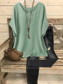 Linhara Plus Size Women's Casual Holiday Round Neck Drop Shoulder Loose Blouse, Summer - Mint Green - View 1