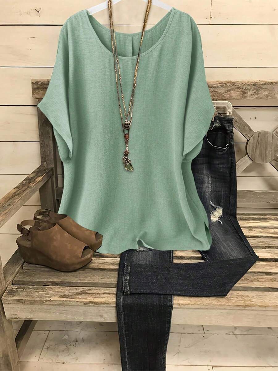 Linhara Plus Size Women's Casual Holiday Round Neck Drop Shoulder Loose Blouse, Summer - Mint Green - View 1