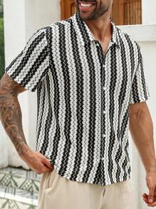 ResortEase Plus Size Men's Loose Casual Colorblock Button-Up Short Sleeve Shirt, Summer