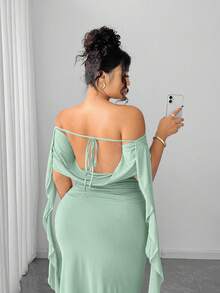 Elenzga Vestido elegante de diseño de volantes de unicolor con hombros descubiertos para mujer de talla grande - Verde - Ver 8