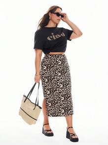 Solavibe 大碼女士豹紋高開叉側邊裙擺 - 彩色 - 查看 8