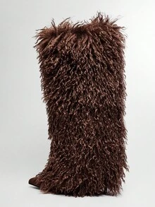 SHUZIA Women Fashion Furry Pointed Toe Skinny Heel Winter Warm Comfortable Mid-Calf Boots - Coffee Brown - View 4