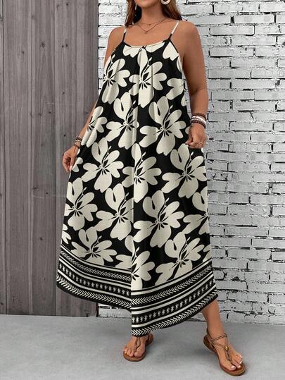 EMERY ROSE Robe longue grande taille de style vacances en couleur noire et abricot, avec motifs géométriques rayés et floraux