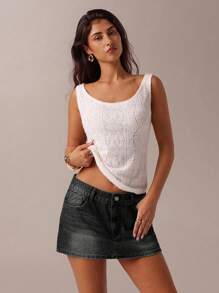 SHEIN Forever 21 Váy ngắn denim nữ dáng chữ A cổ tim không tay màu tương phản thêu hở phía trước phai màu mùa xuân mới - Màu xám đen - Xem 5