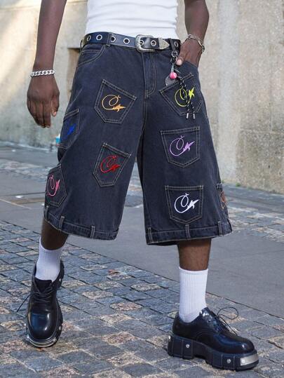 Street Life Men's Embroidered Pattern Multi-Pocket Denim Shorts