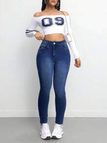 SHEIN Tall CURVE 大码女式休闲高腰弹力紧身蓝色牛仔裤 - 中等水洗藍 - 查看 5