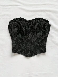 Soleia 女士度假黑色性感腰部提花荷叶边修身短款上衣，适合派对、约会、情人节、下午茶 - 黑色 - 查看 4