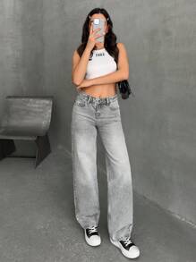 EURMUSE Low Waist Pocket Detailed Straight Jean - Grey - View 4