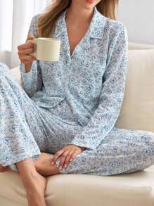 EURMUSE 女士两件套蝴蝶图案纽扣前襟家居服舒适睡衣套装 - 白色 - 查看 4