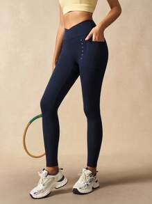 VARSIVA Damskie legginsy z wysokim stanem, w jednolitym kolorze, dopasowane, odpowiednie do ćwiczeń i jogi - Granatowy - Zobacz 5