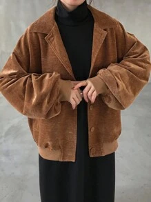 FRIFUL Women's Loose Lantern Sleeve Solid Color Thickened Casual Suede Jacket Fall,Winter - Khaki - View 1