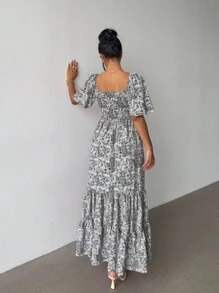 Elenzga Váy Maxi hoa hồng tay ngắn dự tiệc âm nhạc bãi biển mùa hè - màu đen - Xem 2