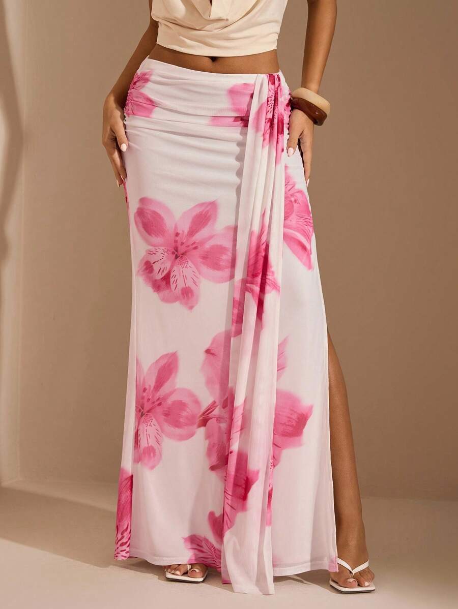 SHEIN BAE Chân váy xẻ tà họa tiết hoa thanh lịch dành cho nữ, mùa hè - trắng - Xem 1