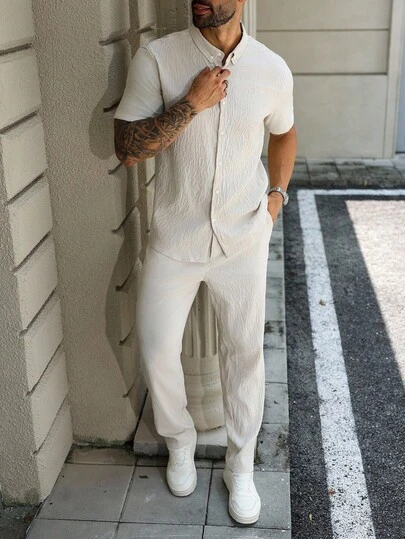 Manfinity Homme Plus Size Men's Solid Color Short Sleeve Single-Breasted Shirt And Pants Casual Suit