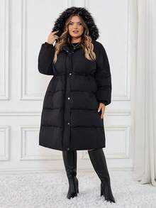 SHEIN CURVE+ 冬季大码女式连帽毛领加厚夹克 - 黑色 - 查看 7