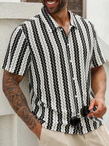 ResortEase Plus Size Men's Loose Casual Colorblock Button-Up Short Sleeve Shirt, Summer
