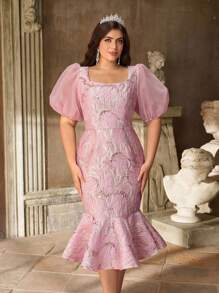 Aureia Plus Size Light Pink Spring Elegant Wedding Dress,Jacquard Satin Sweetheart Neckline Puff Sleeve Slim Fishtail Mid-Length Cocktail Party Gown - Pink - View 1