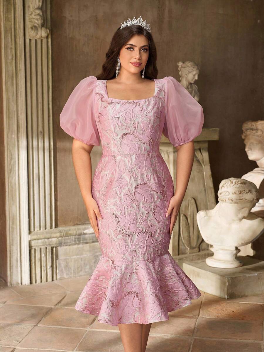 Aureia Plus Size Light Pink Spring Elegant Wedding Dress,Jacquard Satin Sweetheart Neckline Puff Sleeve Slim Fishtail Mid-Length Cocktail Party Gown - Pink - View 1