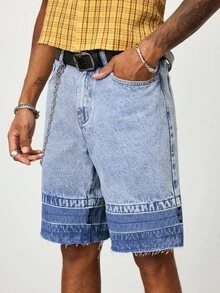 ROMWE MEN Casual Men's Fashion Pockets Frayed Hem Color Block Denim Shorts - Blue - View 6