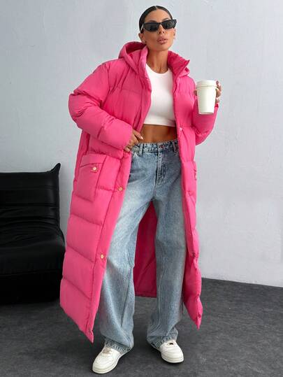 EURMUSE Hot Pink Women's Solid Color Minimalist Long Sleeve Long Winter Coat