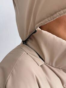 Women's Sand Zipper Side Slit Hooded Patched Pocket Detailed Good Quality Casual Winter Coat