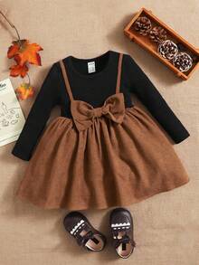 SHEIN Váy trang trí nơ lớn 2 trong 1 cho bé gái, thoải mái và ngọt ngào, tuyệt vời cho trang phục thường ngày và đi học hàng ngày vào mùa hè và mùa thu - Nhiều màu - Xem 2