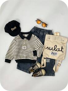 SHEIN Schulanfang Saison Baby Jungen/Mädchen Schwarz & Weiß Dickkragen Lässig Bequem Vielseitig Süß Kontrast Farbe Gestreift Langarm Sweatshirt, College Stil