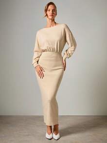 COSMINA Elegant Solid Color Fitted Long Knit Dress For Commuting - Apricot - View 5