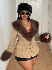 Maweii 2025 Plus Size Women's Elegant Date Night Fashion Dramatic Fur Collar Decor Chic Overcoat, Autumn/Winter Fall