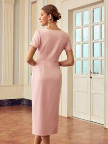 ZEYLAH 女士不对称荷叶边领口时尚粉色连衣裙 - 粉色 - 查看 3