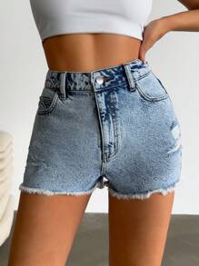 EURMUSE 100%Cotton Back Label Detailed Short With Destroy Summer Outfits For Women - Medium Wash - View 6