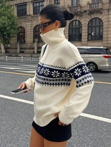 DAZY 复古半拉链高领毛衣女款，费尔岛提花宽松套头衫秋季 - 杏色 - 查看 8