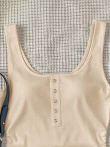 SHEIN Teen Girl's Basic Polka Dot Ribbed Casual All-Match Tank Top With Metal Buttons,Built In Bra,Racerback,Summer,Beige,Casual,Graduation - Apricot - View 4