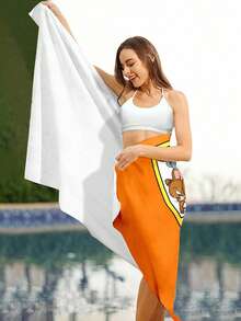 TOM & JERRY X SHEIN 字母和卡通图案海滩必备！柔软超强吸水超细纤维沙滩巾，提升你的海滩时光 - 橘色 - 查看 7