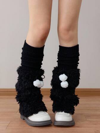 Grunge Punk 1 par de calentadores de piernas extra largos y adorables de color negro con pelaje para mujeres