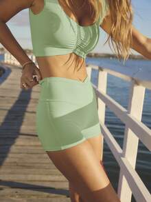 Aralina Leisurewear Summer Yellow Ruche Front Bike Short Ruffle Top Two Pieces Set - Mint Green - View 7