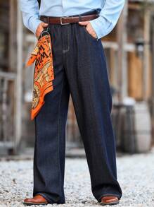 Manfinity Nomadique 男士经典简约深蓝色侧边手机口袋设计宽松阔腿牛仔裤，四季皆宜