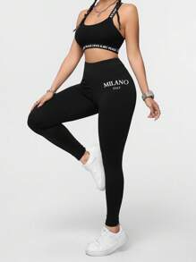 SHEIN Essnce 意大利米兰简约休闲女式图案运动紧身裤 - 黑色 - 查看 7