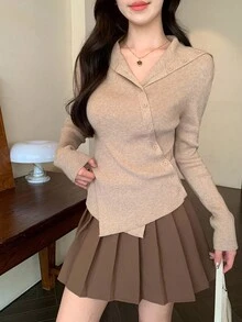 DAZY 女士不对称连帽韩版休闲长袖纯色毛衣，春秋季 - 卡其色 - 查看 2