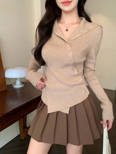 DAZY Women's Asymmetrical Hooded Korean Style Casual Long Sleeve Solid Color Sweater, Spring/Autumn