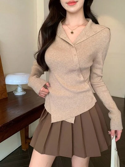 DAZY 여성용 비대칭 후드 한국 스타일 캐주얼 긴소매 단색 스웨터, 봄/가을