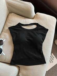INAWLY Women's Plus Size Solid Color Backless Round Neck Cap Sleeve T-Shirt - Black - View 5
