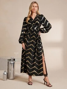 Amorya Elegantes Damen Kleid mit V-Ausschnitt, geraffter Taille, Folienprint und langen Ärmeln, schmeichelhafter Schnitt geeignet für Party, Zusammenkünfte und verschiedene Anlässe, Herbst - Schwarz und Gold - Übersicht 4