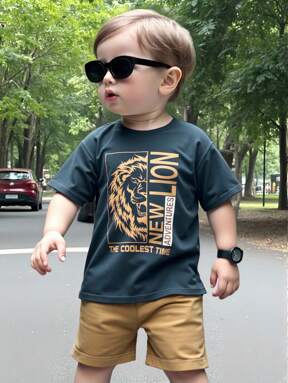 SHEIN 2pcs/Set Baby Boy Casual Lion & Leo Graphic Round Neck Short Sleeve T-Shirt & Shorts Set, Summer Toddler Boy Clothes Toddler Graphic Tee Boys Summer Outfit Lion Shirt Toddler Boy Toddler Boy Summer Clothes