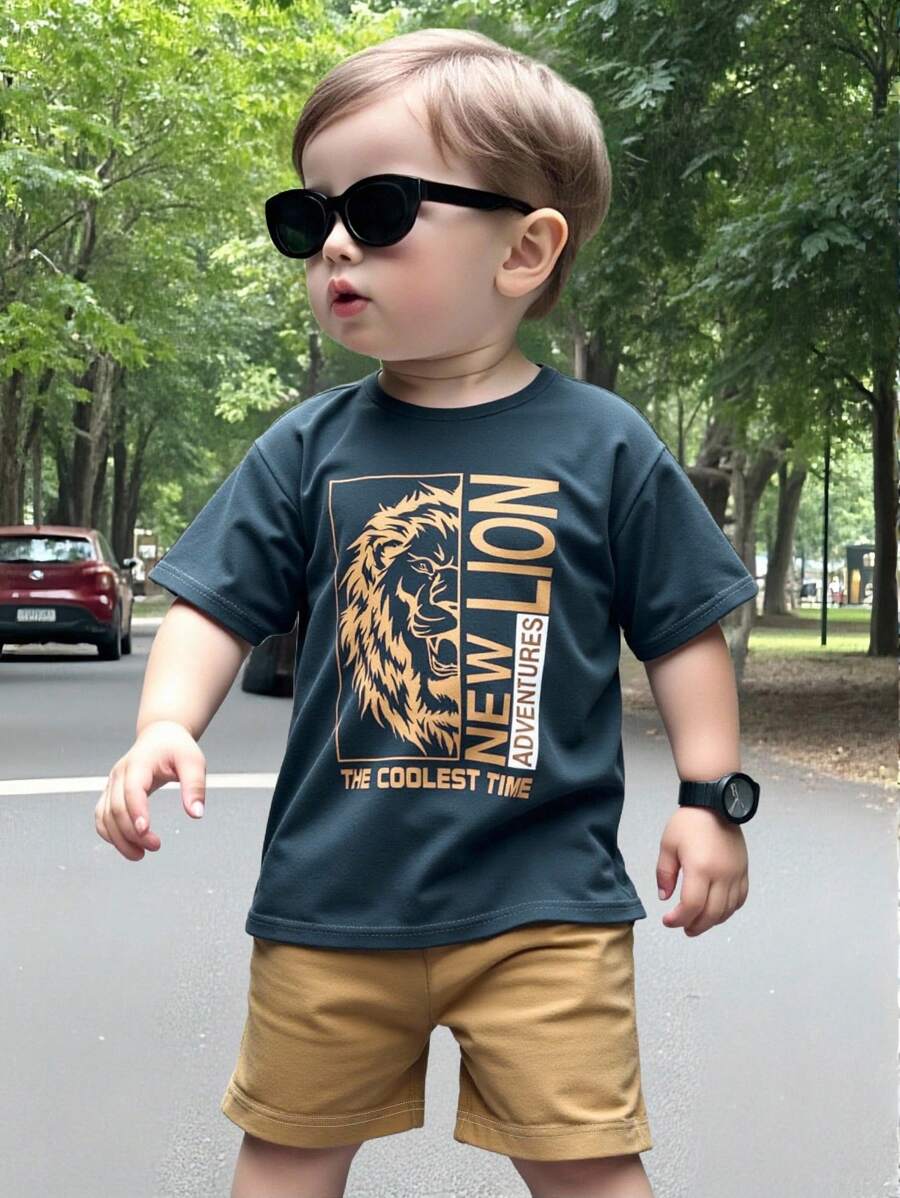 SHEIN 2件套男婴休闲狮子图案圆领短袖T恤和短裤套装,夏季男婴服装图案T恤男童夏季套装狮子衬衫男婴夏季服装 - 彩色 - 查看 1