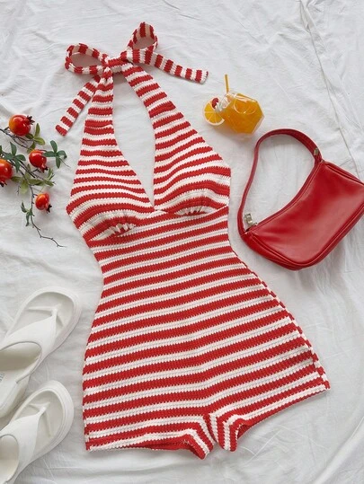 Soleia Plus Size Women's Vacation Red & White Striped Knit Textured Deep V Neck Tie Front Jumpsuit, Suitable For Party, Valentine's Day, Date Night, Layering Or Outerwear, Suitable For Party, Christmas, Valentine's Day, Date, Beach, Cruise, Festival, Easter, Boho Vacation